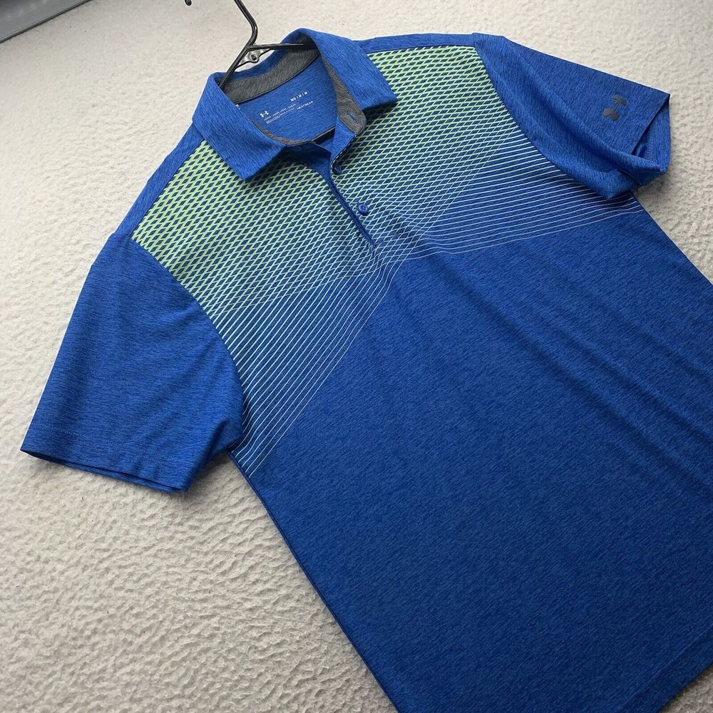 Under Armour Polo Shirt Mens Medium M Loose HeatGear Blue Geometric Golf Dad - Picture 4 of 10